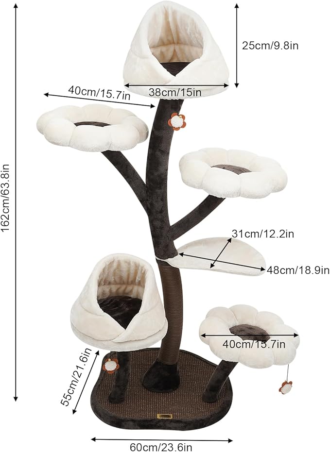 Cat Tree, 63.8In Large Cat Tower Heavy Duty Cat Climbing Frame with Cat Condo Baskets Cat Scratching Posts Dangling Toys & Big Hammock for Pet Shops & Balconies (Brown + White)