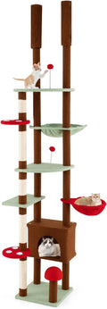 PETSITE Mushroom Floor to Ceiling Cat Tree, 79.5-104.5 Inches Height Adjustable Cute Ceiling Cat Tower with Sisal Scratching Posts, Condo, Side Basket Bed, Spring Toy, and Multiple Jumping Platforms