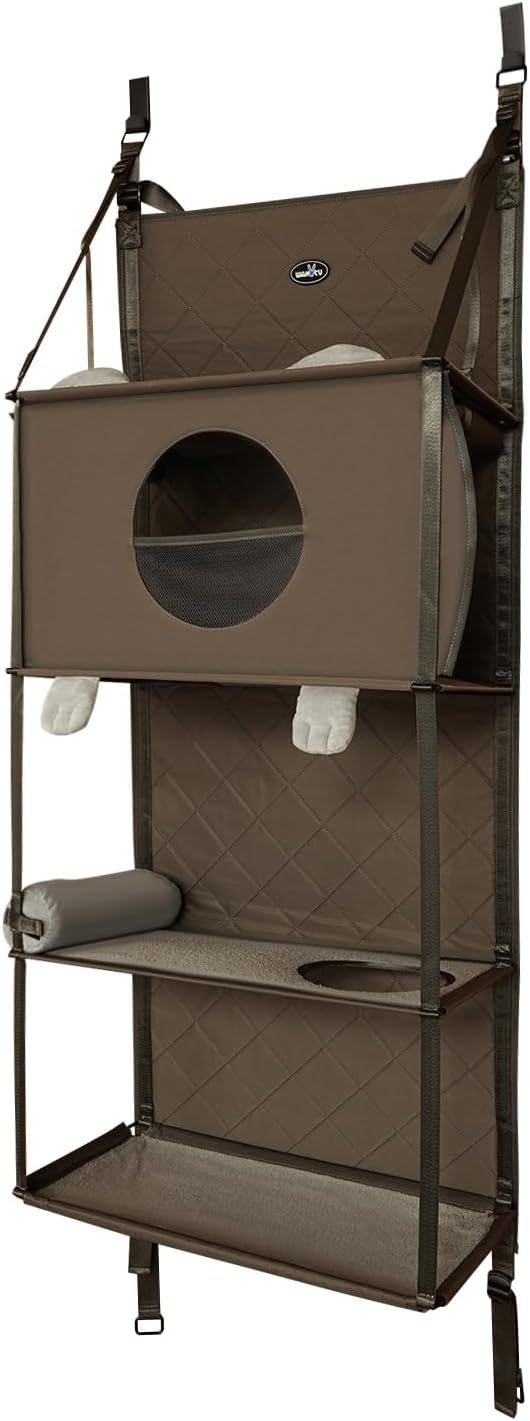 Door-Mounted Cat Climbing Frame 4-Tier Cat Tree for 2-3 Cats, Indoor Height Adjustable Cat Playhouse with Removable Toys and Pillow, Space-Saving Vertical Cat Ladder for Apartments and Small Homes