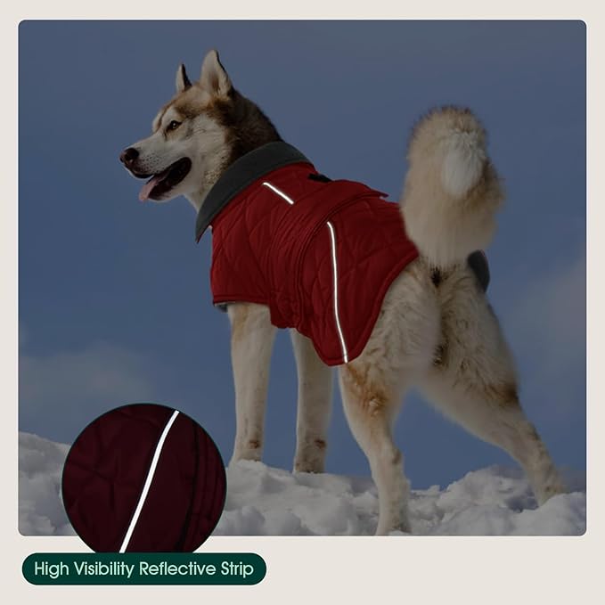 Kuoser Dog Coat Thermal Fleece Lined Dog Jacket, Adjustable Hook & Loop Dogs Coats for Medium Dogs Windproof Reflective Puppy Snow Jackets Pet Cold Weather Clothes with Harness Hole, Red, M