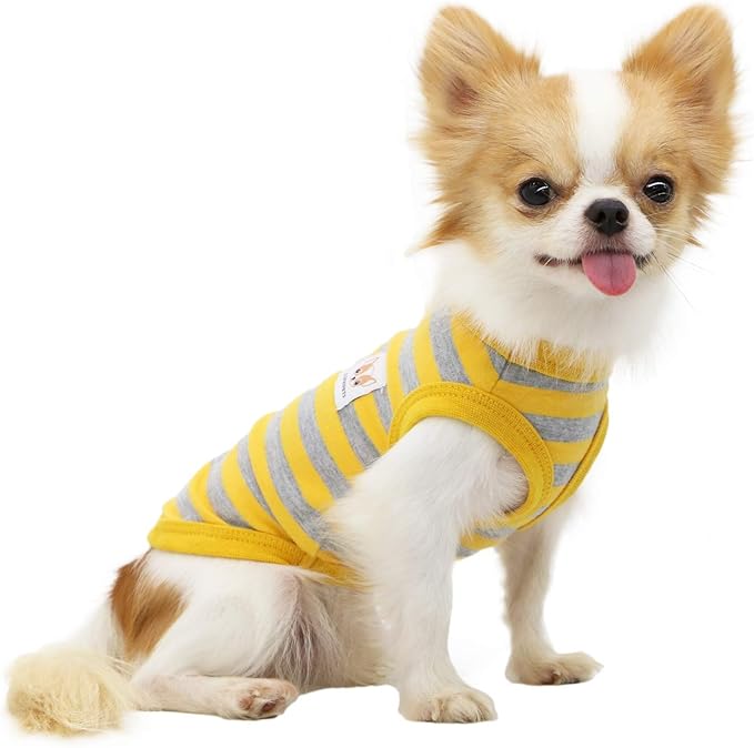 LOPHIPETS 100% Cotton Striped Dog Shirts for Small Dogs Chihuahua Puppy Clothes Tank Vest-Yellow and Gray Strips/L