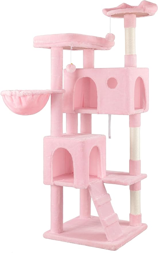 WEEWAY 63in Cat Tree Tower for Indoor Cats, Multi-Level Activity Center with Unique Feline Ear-Style Perch, 2 Cozy Condos, Climbing Ladder, Sisal Scratching Posts, Hanging Balls, Pink