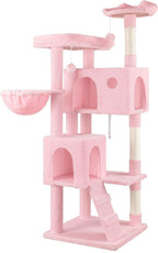 WEEWAY 63in Cat Tree Tower for Indoor Cats, Multi-Level Activity Center with Unique Feline Ear-Style Perch, 2 Cozy Condos, Climbing Ladder, Sisal Scratching Posts, Hanging Balls, Pink