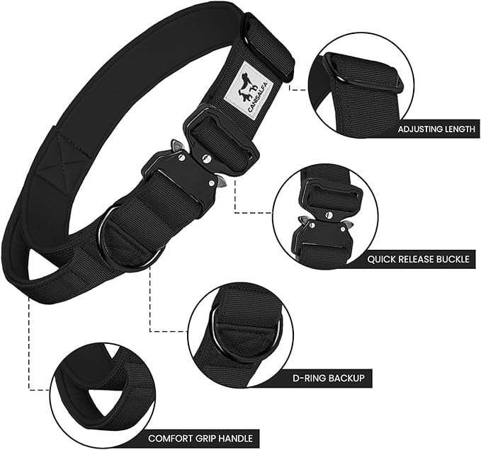 Tactical Dog Collar for Medium & Large Dogs – Heavy Duty Adjustable Nylon Collar with Control Handle, Quick-Release Metal Buckle & D-Ring – Comfortable, Durable Training Collar for All Dog Breeds