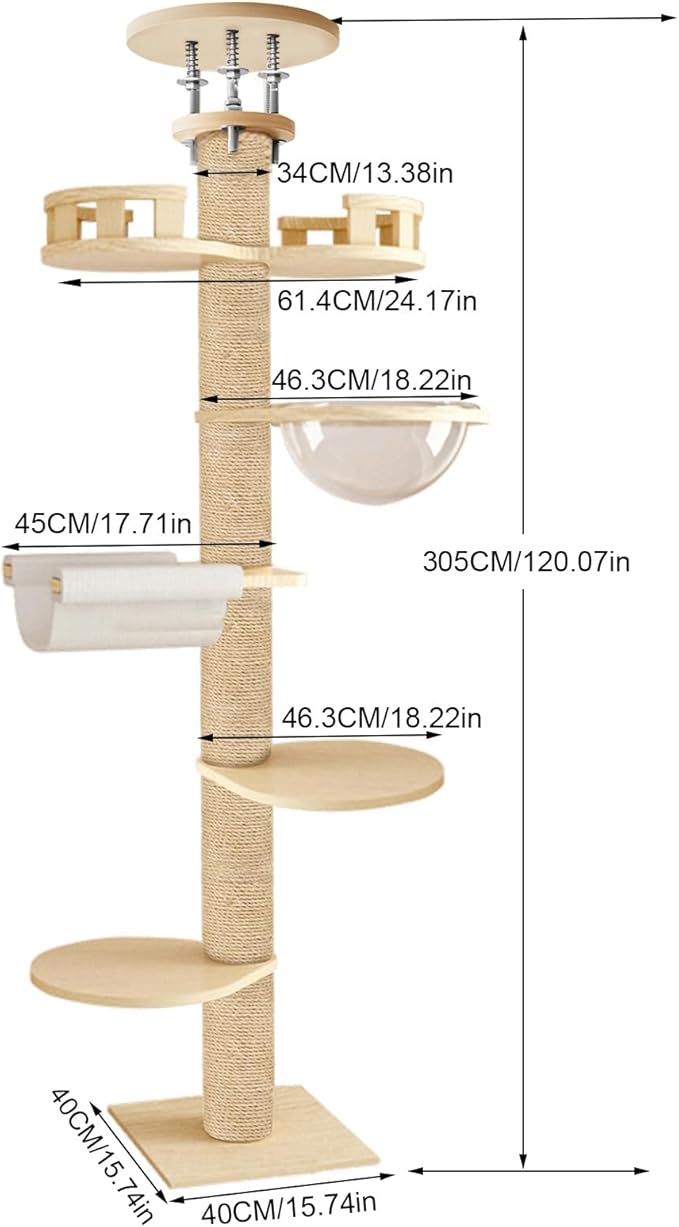 Floor to Ceiling Cat Tree, Height Adjustable Cat Tower with 6 Tiers and Hemp Rope Scratching Posts, Stable Multi-Level Activity Center, Perfect for Indoor Cats and Large Breeds Brown