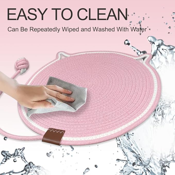Personalized Cat Scratcher Mat, Customized with Name Text Natural Cotton Rope Round Horizontal Cat Scratching Pads with Ball Toy, Cat Furniture Protector for Wall, Couch, Carpets, Sofa (Pink)
