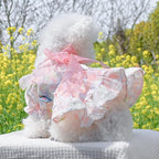 Pink Dog Dress for Small Dog Girl Spring Puppy Clothes with Bow Puff Sleeves Cat Outfit Doggy Princess with Leash Ring Doggies Harness Dress Summer Pet Apparel (Pink, Small)