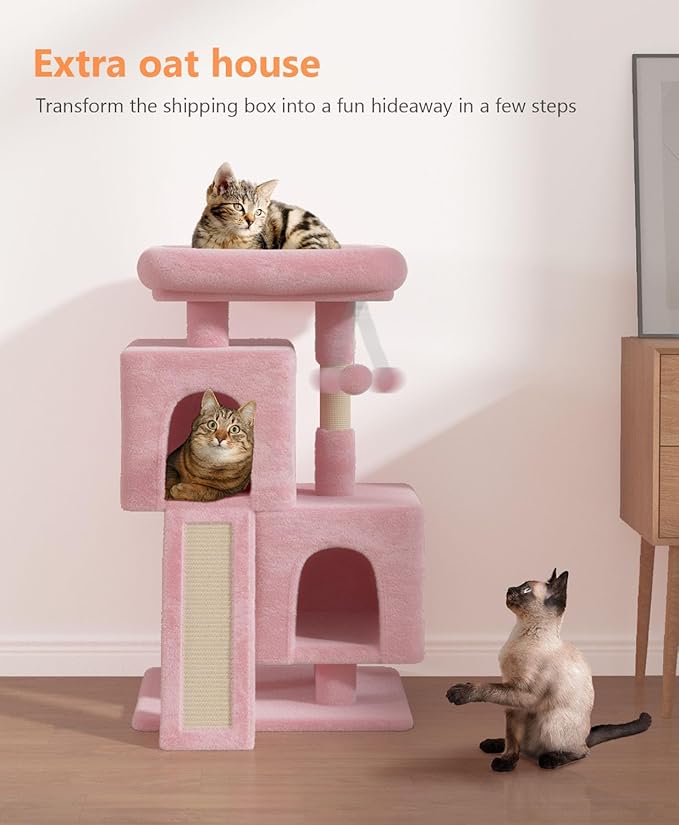Cat Tree Tower for Indoor Cats Large Adult,Cute/Tall Modern Cat Tree for Big Cats 20 lbs,34''Plush Multi-Level Cat Condo with Scratching Posts,Dangling Ball (Soft Pink, 34 inch)