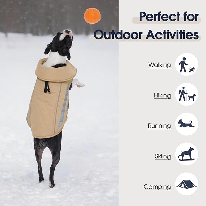 IECOii Dog Coat for Winter - Adjustable Large Dogs Snow Vest Reflective Thermal Jacket for Camping, Climbing, Jogging, Waterproof Cold Weather Coats Windproof, Khaki, Sizes XXXL