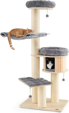 Tangkula Modern Cat Tree, Multi-Level Large Cat Tower with Condo, Hammocks & Hanging Basket, Tall Cat Tree with Sisal Posts, Washable Cushions, Wood Cat Trees and Towers for Indoor Large Cats