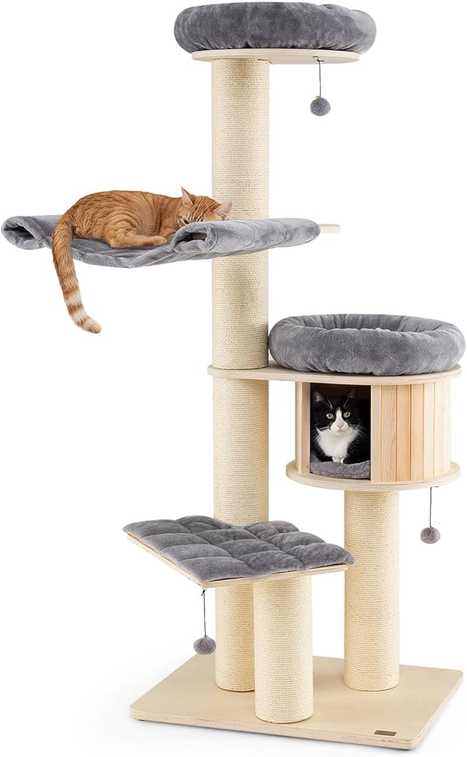 Tangkula Modern Cat Tree, Multi-Level Large Cat Tower with Condo, Hammocks & Hanging Basket, Tall Cat Tree with Sisal Posts, Washable Cushions, Wood Cat Trees and Towers for Indoor Large Cats