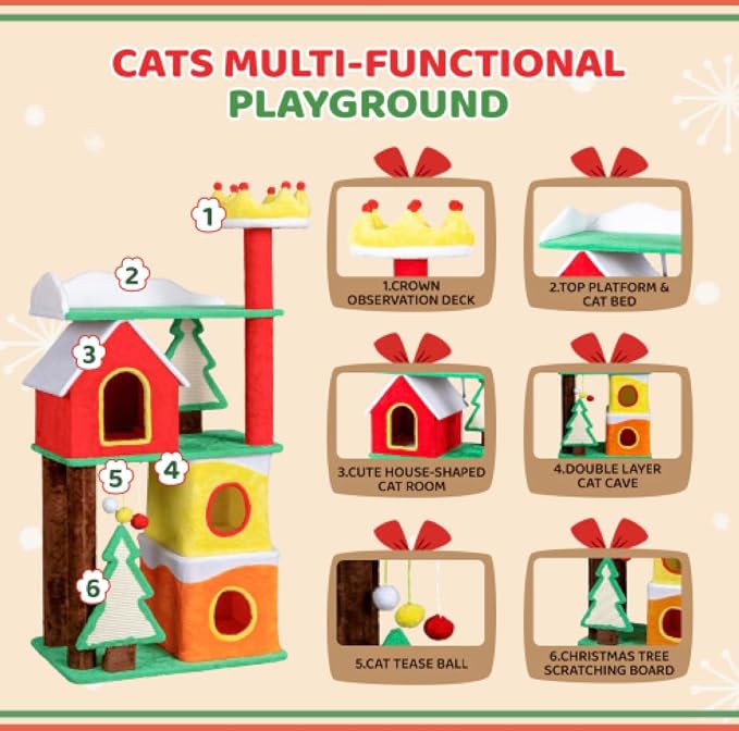 VINGLI 56IN Christmas Themed Plush Cat Tree, Multi Level Large Cat Tower for Indoor Cats with 3 Condos, Crown Top Perch, Xmas Tree Sisal Scratching Ramps, Posts & Hanging Balls Pet Activity Center