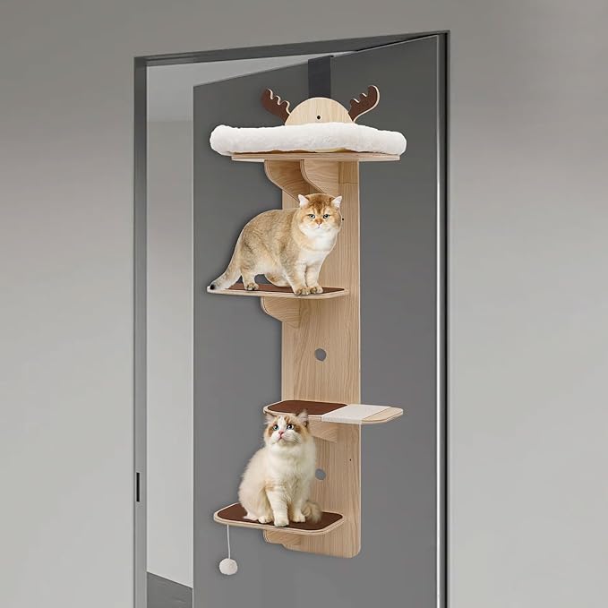 Door Hanging Cat Tree 4 Tier, Wooden Door Mounted Vertical Cat Climbing Scratching Frame 4.92ft Height 9.8in Width Space Saving Cats Shelf 20-25kg Load (Light Wood + Brown, with Cat Nest)