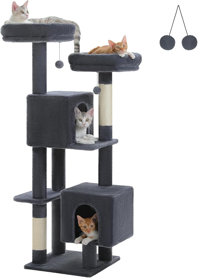 Cat Tree, 52.4 Inch Multi-Level Cat Tower for Indoor Cats with Dual Padded Top Perches, 2 Condos & Scratching Posts, Plush Cat Furniture for Kittens and Medium Cats, Dark Grey