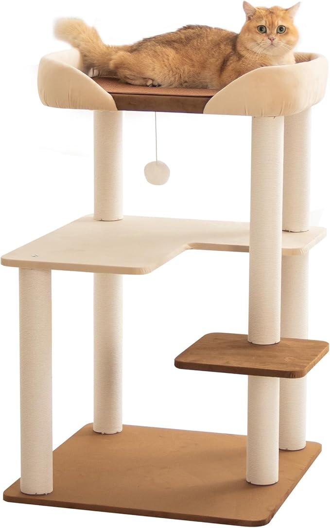 Cat Tree for Large Cat, 37'' Tall Modern Senior Friendly Cat Tower with Wide Shelves Low Step, Cotton Scratching Posts, Super Sturdy Base, Cozy Perches, Interactive Toys（Brown）