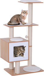 PawHut Wooden Cat Tree 71.5 x 49.5 x 120 cm Cat Tower with Cave Platforms Sisal Scratching Posts Soft Plush Cushions and Natural Hanging Balls