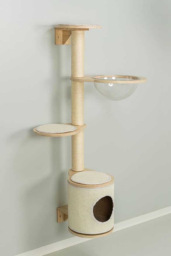 Trixie Mateo Wall Mounted Cat Tree – Jute & Plush Wall System with Hammock, Condo & Platforms – Compact Cat Furniture for Indoor Cats – Natural/White, 25.59" x 21.65" x 54.33"