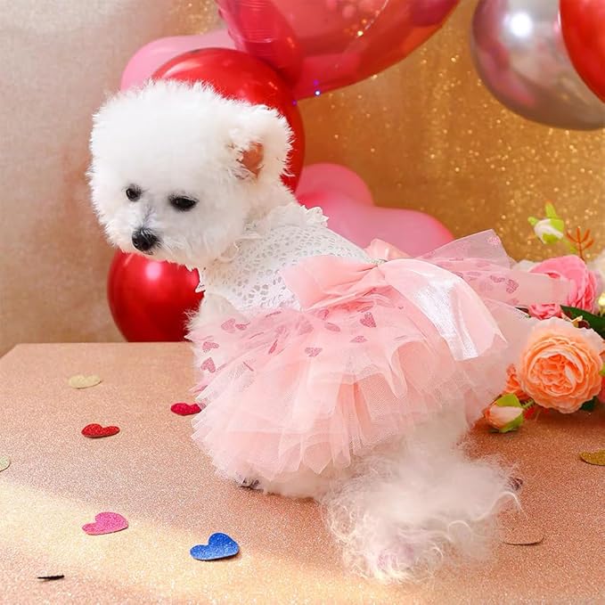 Pink Dog Dress for Small Dog Girl Spring Puppy Clothes with Bow Puff Sleeves Cat Outfit Doggy Princess with Leash Ring Doggies Harness Dress Summer Pet Apparel (Pink White, Medium)
