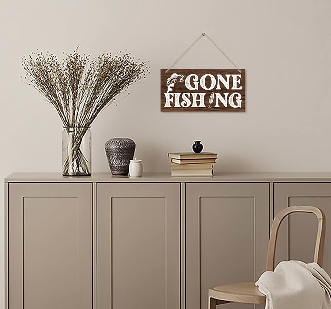 Funny Gone Fishing Wood Decor Sign, Hanging Printed Wooden Plaque Decor, Rustic Home Decor Sign, Hanging Fishing Decor Sign, Gifts for Men, Rustic Farmhouse Wall Decor Sign 12x6 inch