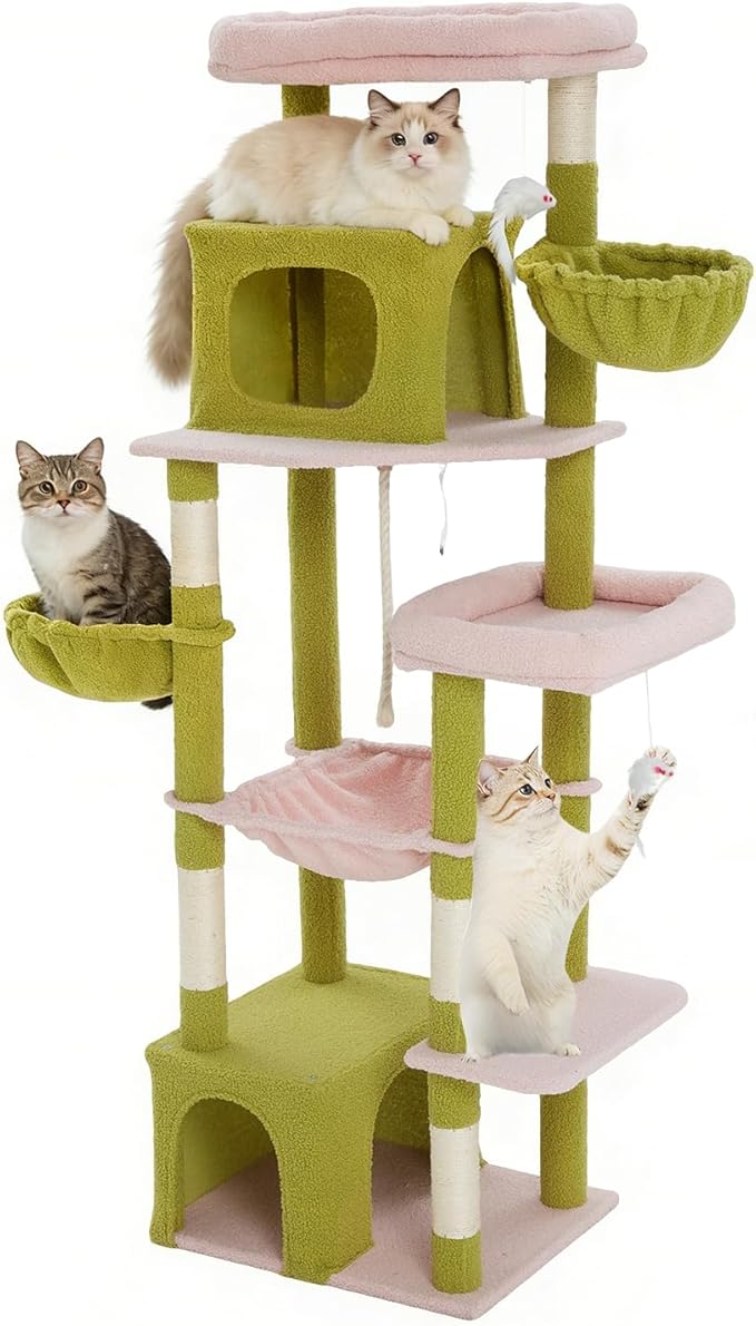 69.7-inch (177cm) Multi-Level Cat Tree with 2 Perches, 2 Condos, 2 Hammocks, Basket & Toy for Indoor Cat Activities (Green + Pink)