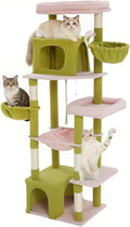 69.7-inch (177cm) Multi-Level Cat Tree with 2 Perches, 2 Condos, 2 Hammocks, Basket & Toy for Indoor Cat Activities (Green + Pink)