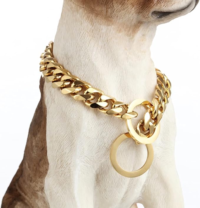 Gold Dog Collar 18K Gold P Chain 11MM/15MM/19MM Cuban Link Chain Collar Walking Trainning for Small Medium Large Dogs 12inch to 26inch(19mm,16inch)