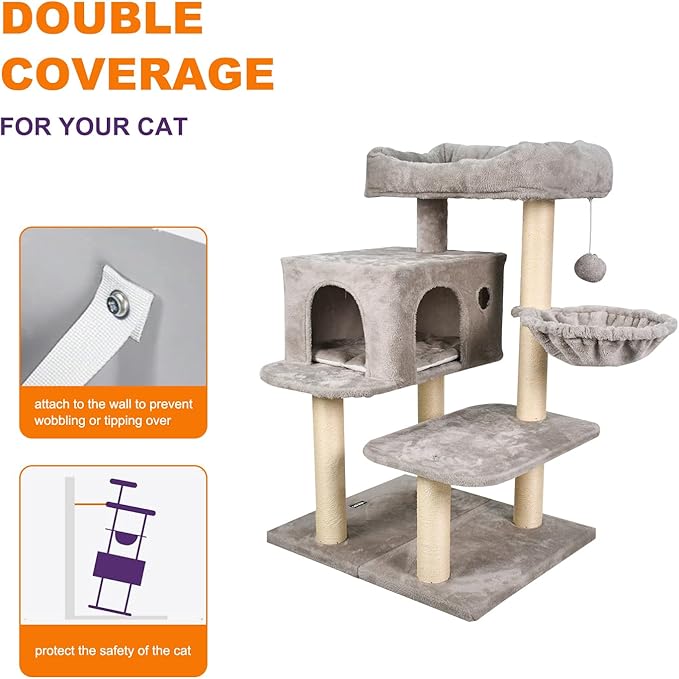 43-in Heavy-Duty Cat Tree for Large Cats, Multi-Level Tower with Sisal Scratching Posts, Plush Perch, Hammock & Condo Anti-Tip Design