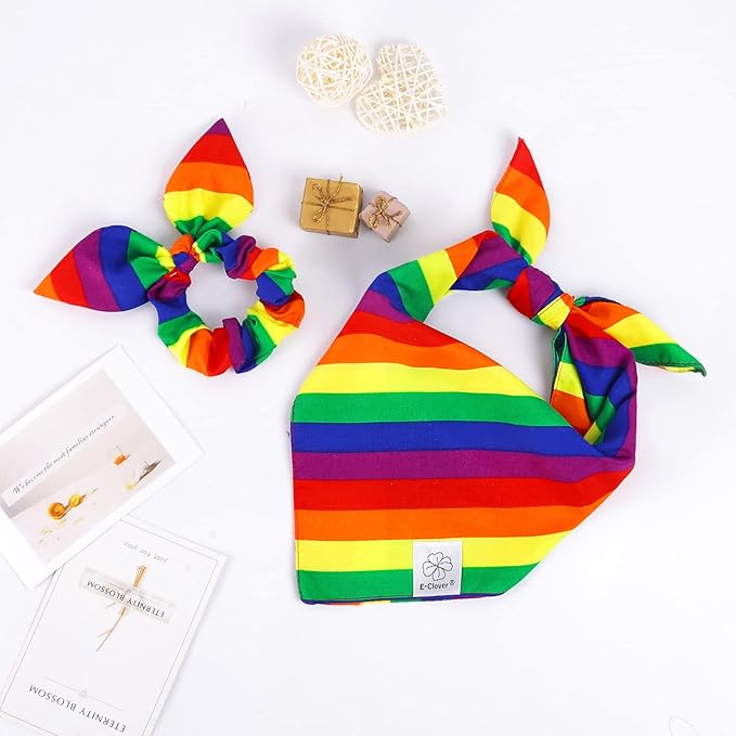 E-Clover Pride Dog Bandanas & Matching Scrunchie Set Rainbow Dog Bandana Scarf with Hair Tie for Medium Large Dogs Pet Owner Mom Gifts