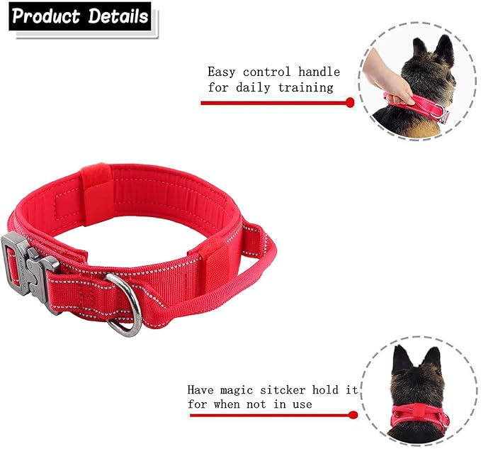 Tactical Dog Collar with Heavy Duty Metal Buckle and Control Handle for Medium Large Dogs Training(Red, Medium)