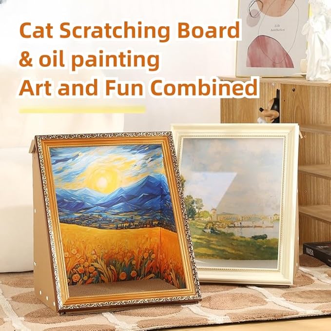 Oil Painting Cat House with Scratcher,Cat Bed Art Picture Frame Scratching Board Playing Tent Box, Assemble Kitty Couch Cave Condo Creative Pets Furniture - Kitty Living in Famous Painting (Daisies)