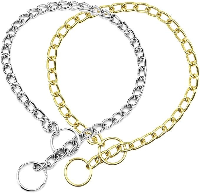 Dog Chain Collar, Metal Slip Link Training Heavy Duty Dog Collar Martingale Puppy Collars for XXS XS Small Medium Large Big Dogs, Silver+Gold XS