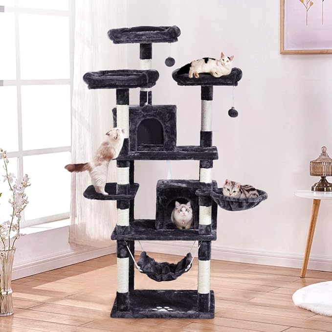 MQ Multi-Level Cat Tree, Activity Centre Cat Tower Furniture with Sisal-Covered Scratching Posts, 3 Padded Plush Perches, Dual Condo & Basket, Removable Hammock, for Large Cats, Grey