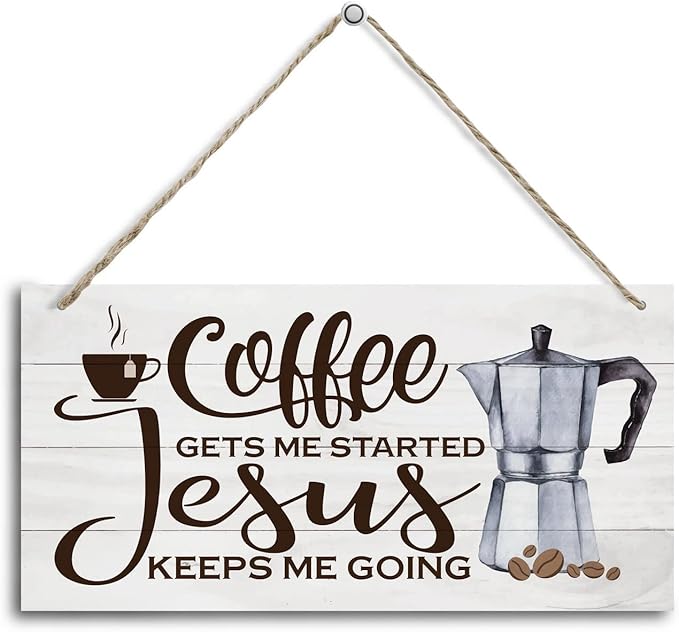 Hanging Coffee Wood Decor Sign, Jesus Keeps Me Going, Printed Wooden Plaque Decor, Coffee Bar Sign, Rustic Farmhouse Kitchen Wall Decor Sign 12x6 inch