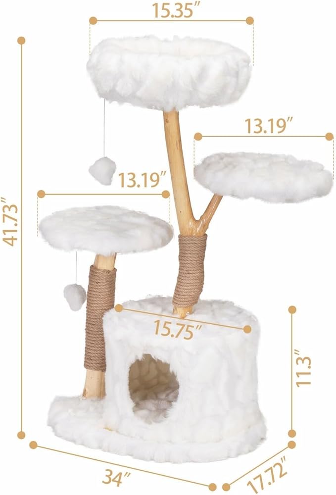 Cloud Cat Tree for Indoor Cats, 42" Modern Aesthetic Cat Tower with Solid Wood Branches, Top Cat Bed, Side Perch, Large Condo, Scratching Posts, Cat-Approved, White