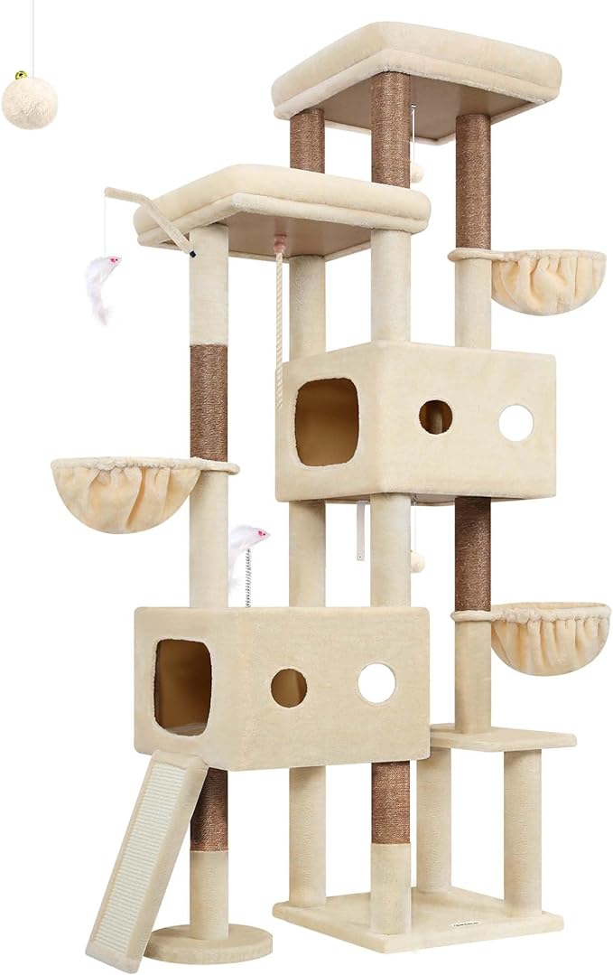 Globlazer 81" Cat Tree Tower for Large Cats, Heavy Duty Cat Tree for 6 Maine Coons & Ragdolls, Multi-Level Stable Activity Center with 3 Hammocks 7 Sisal Posts 2 Condos & Scratching Board, F81D, Beige