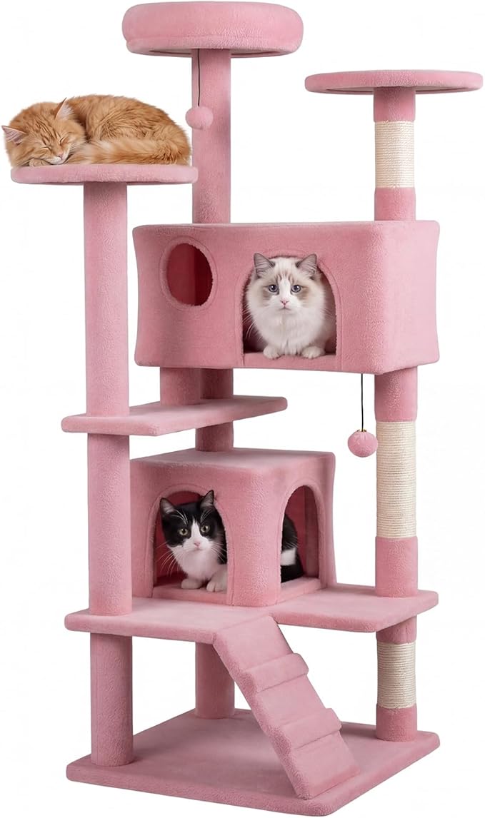 PETSITE 52-inch Cat Tree, Multi-Level Cat Tower with Sisal Scratching Posts, 2 Comfy Condos, Plush Padded Soft Top Perch, Dangling Balls, and Climbing Ladder, Ideal for Indoor Cats (Pink)
