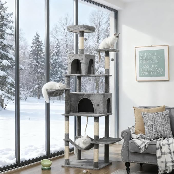 Stylish Cat Tree Tower with Sisal Scratching Posts, Cozy Condo, and Plush Perches for Climbing, Resting, and Play (Dark Gray + Cotton + Particle Board-1)