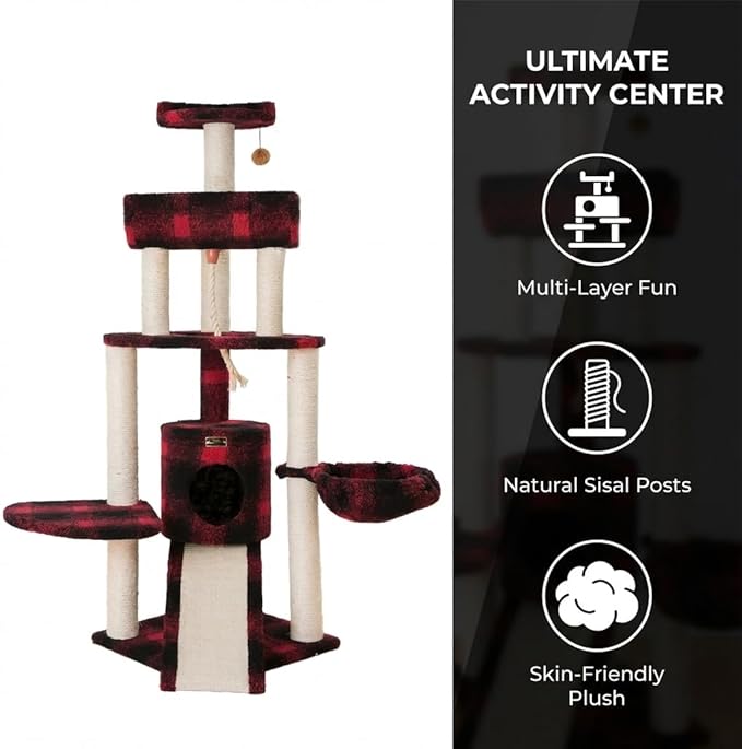 Multi-Level Cat Tree with Natural Sisal Scratching Posts, Plush Condo, Perches and Hanging Toy, Red Buffalo Plaid, 58" Height