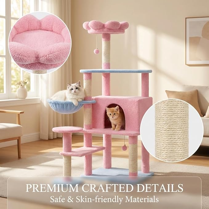 56-inch Flower Cat Tree, Large Cactus Cat Tree Tower Condo with Sisal Scratching Post, Cat Condos, Hammock, Removable Flower Cushion, Multi-Level Pet Activity Center, Pink (Pink-56 inch)