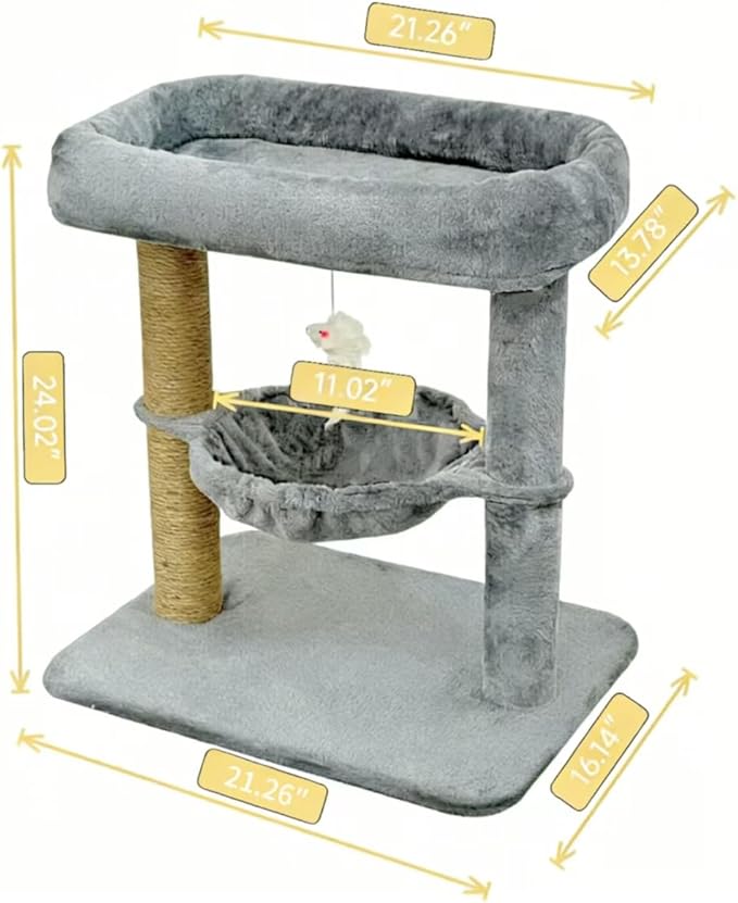 Pawly 24" Cat Tree Tower, Tall Cat Scratching Post with Soft Perch for Window Viewing, Large Bed for Big Cats, Stable & Compact Cat Tower with Hammock, Gray