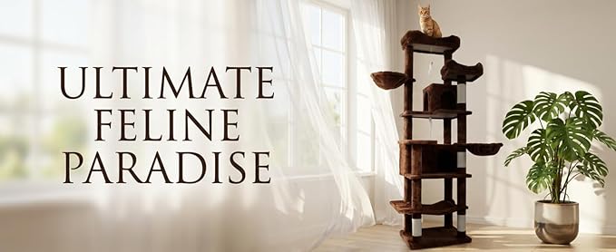 68" Tall 6-Level Plush Cat Tree Tower – Multi-Cat Furniture with Hammocks, Cats Cave, Removable Cushions & Sisal Scratching Posts | Indoor Playground for Cozy Naps & Claw Care