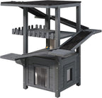 4-Tier Cat Tree Outdoor/Indoor Cat House, Weatherproof Wooden Cat Tower, Multi-Level Feral Cat Shelter with Ramps, Scratching Post & Enclosed Condo, Outside Cat Enclosure for Multiple Cats,Grey