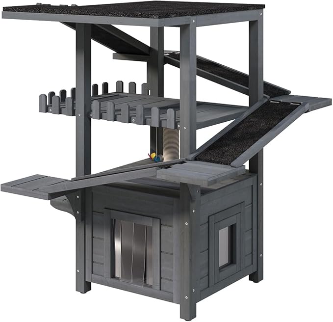 4-Tier Cat Tree Outdoor/Indoor Cat House, Weatherproof Wooden Cat Tower, Multi-Level Feral Cat Shelter with Ramps, Scratching Post & Enclosed Condo, Outside Cat Enclosure for Multiple Cats,Grey