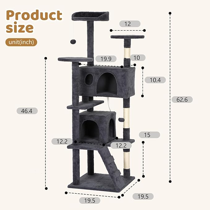 BestOffice 62 Inch Cat Tree, Multi-Level Cat Tower with Condo, Perches, Sisal Scratching Posts, Climbing Ladder,Indoor Activity Center Play House for Kittens & Adult Cats, Dark Gray