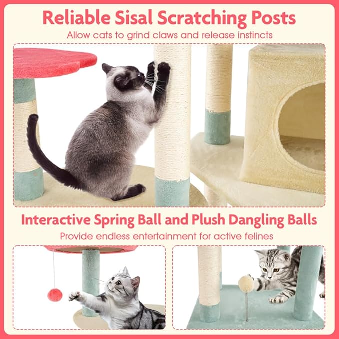 61" Floral Multi-Level Cat Tree Tower with Condo, Scratching Posts, Perches & Toys – Modern Cat Furniture for Indoor Cats, Beige/Blue/Red – Plush & Sisal, 33 lb Per Layer Capacity