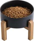 Black Elevated/Raised Dog Bowl Ceramic with Wood Stand for Small Medium Breed,Dog Food Water Dish Heavy, 6 in Non Slip Modern Cute Porcelain Pet Bowl