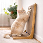 SnuggleSpruce L-Shaped Cat Scratcher with Jingle Ball | 26.5" Cardboard Scratching Post | Protects Furniture | Non-Slip Base | Easy Assembly | Medium, Brown