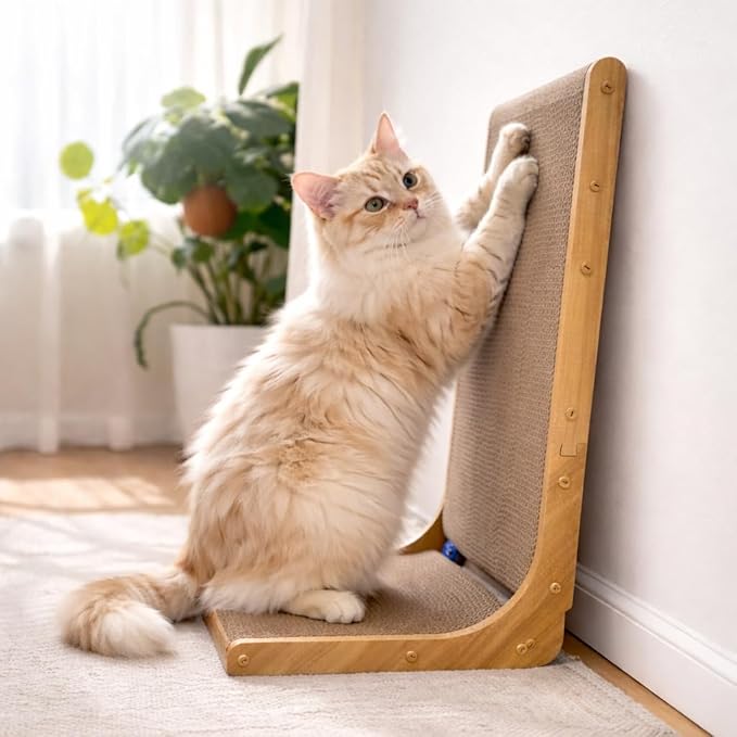 SnuggleSpruce L-Shaped Cat Scratcher with Jingle Ball | 26.5" Cardboard Scratching Post | Protects Furniture | Non-Slip Base | Easy Assembly | Medium, Brown