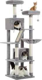PEQULTI 71'' Cat Tree for Indoor Cats with Big Hammock, Tall Cat Tower for Large Cats with 2 Cat Condo, 2 Soft Top Perch, Scratching Posts and Pad, Grey