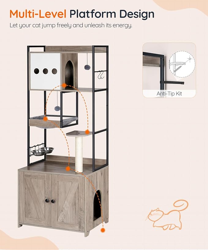 HOOBRO Cat Tree with Litter Box Enclosure, 58.7" H Cat Tower with Hidden Litter Box Furniture, with Scratching Post, Step, Hammock, Multifunctional Pet Furniture with Food Bowls, Greige BG30MZ03G1